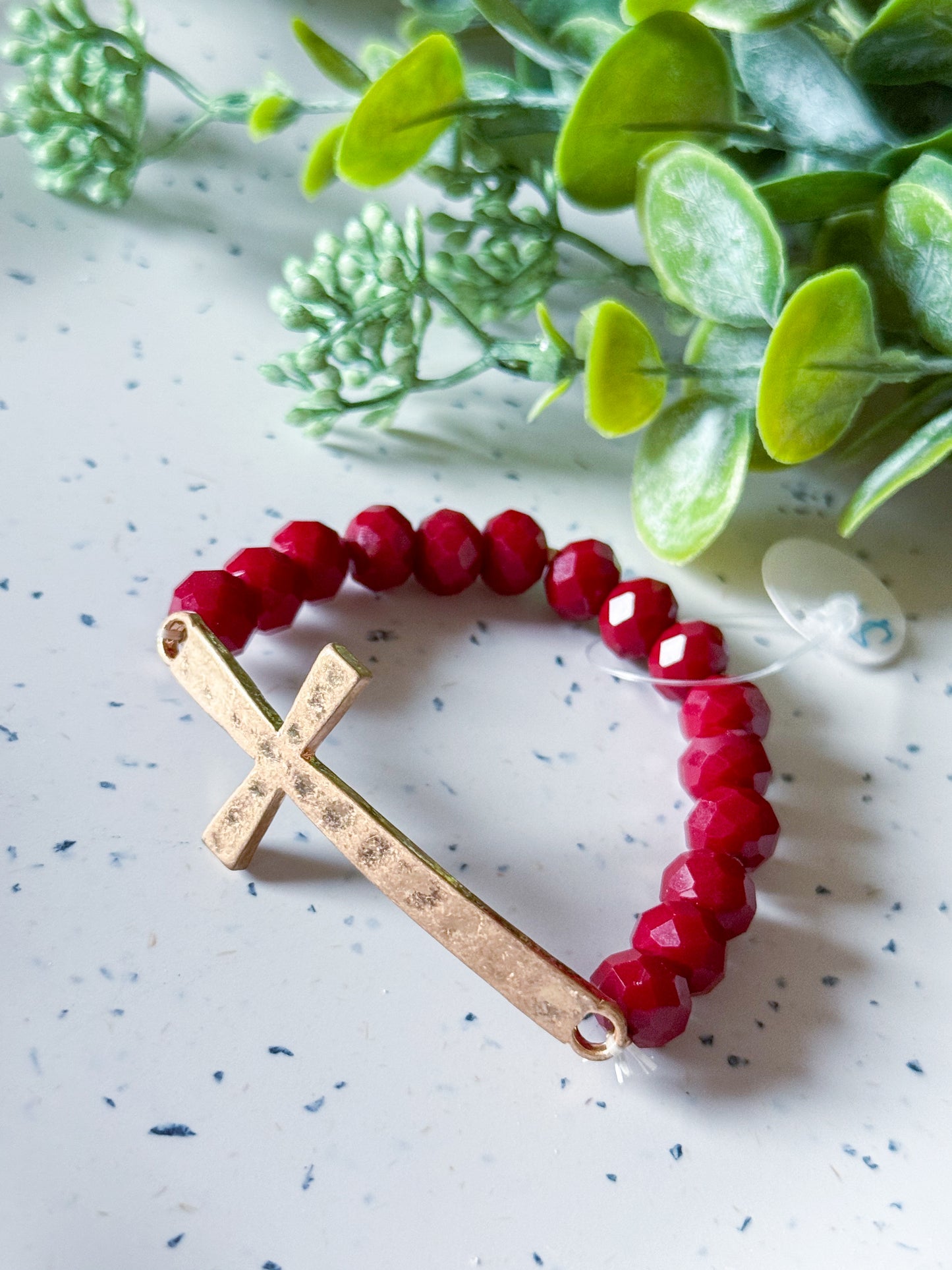 Beaded Cross Bracelet (Burgundy/Gold)