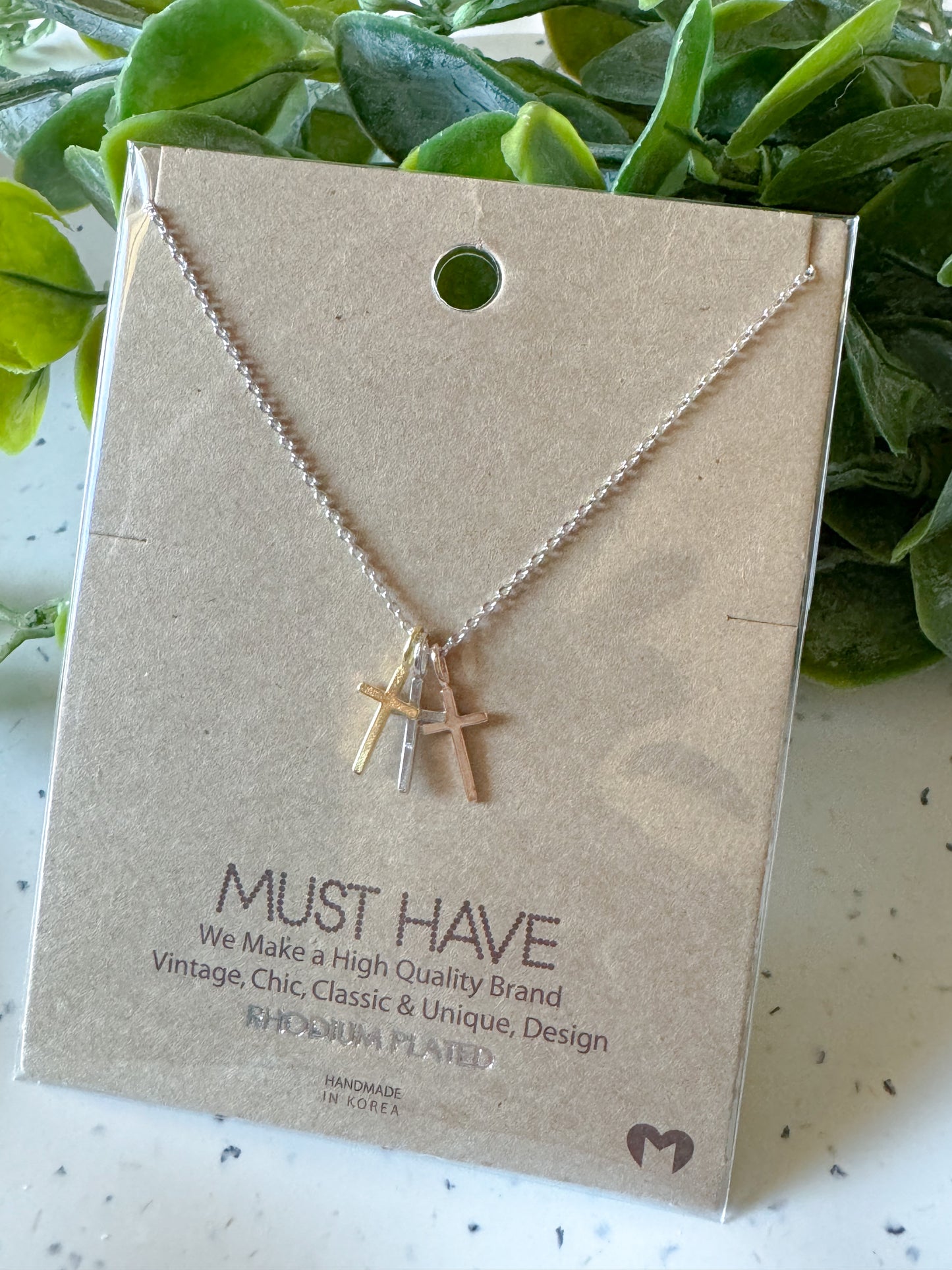 3 Crosses Necklace - Rhodium Plated (16”)