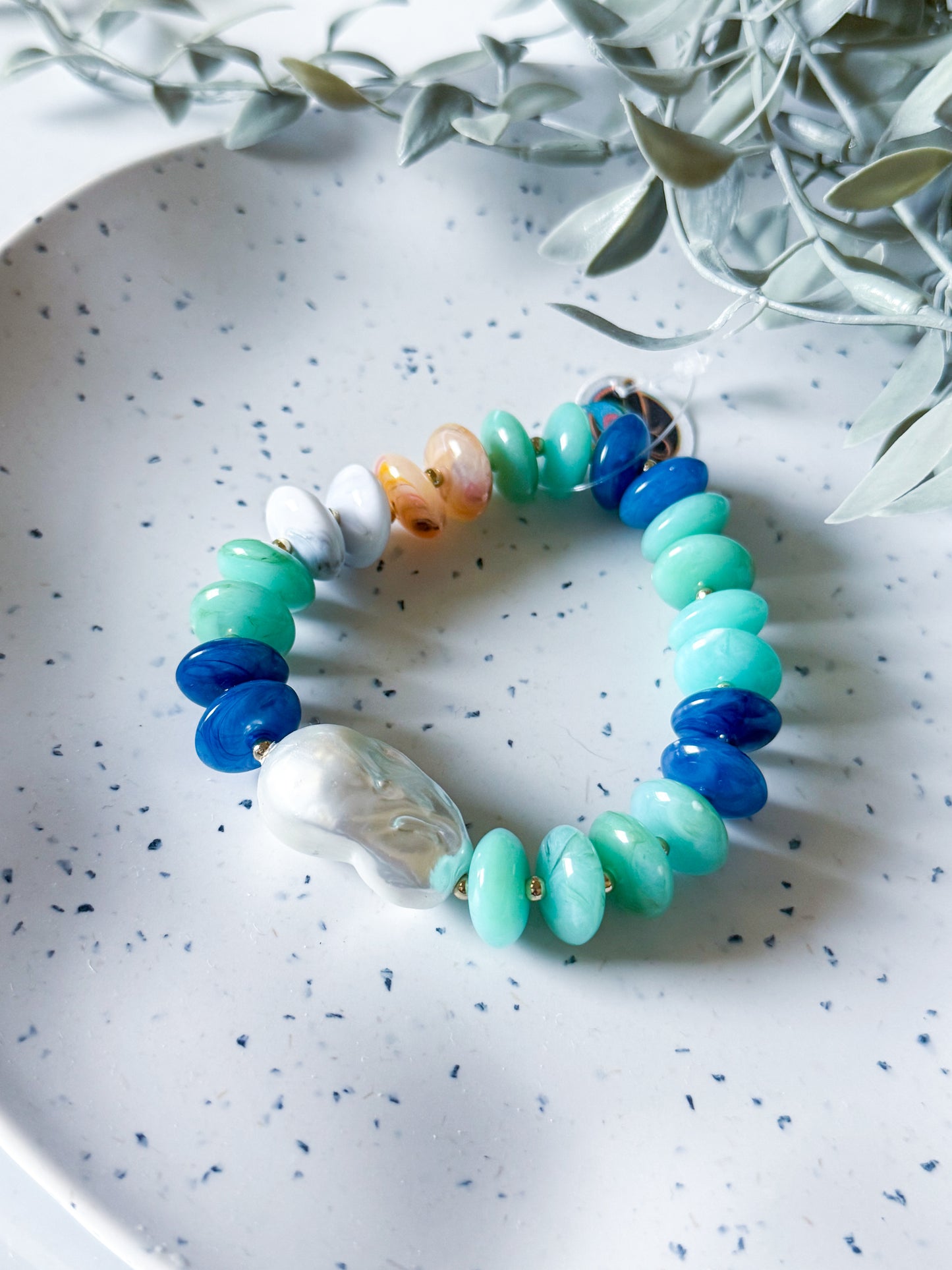 Beaded Bracelet w/ Baroque Pearl- Blue (large)