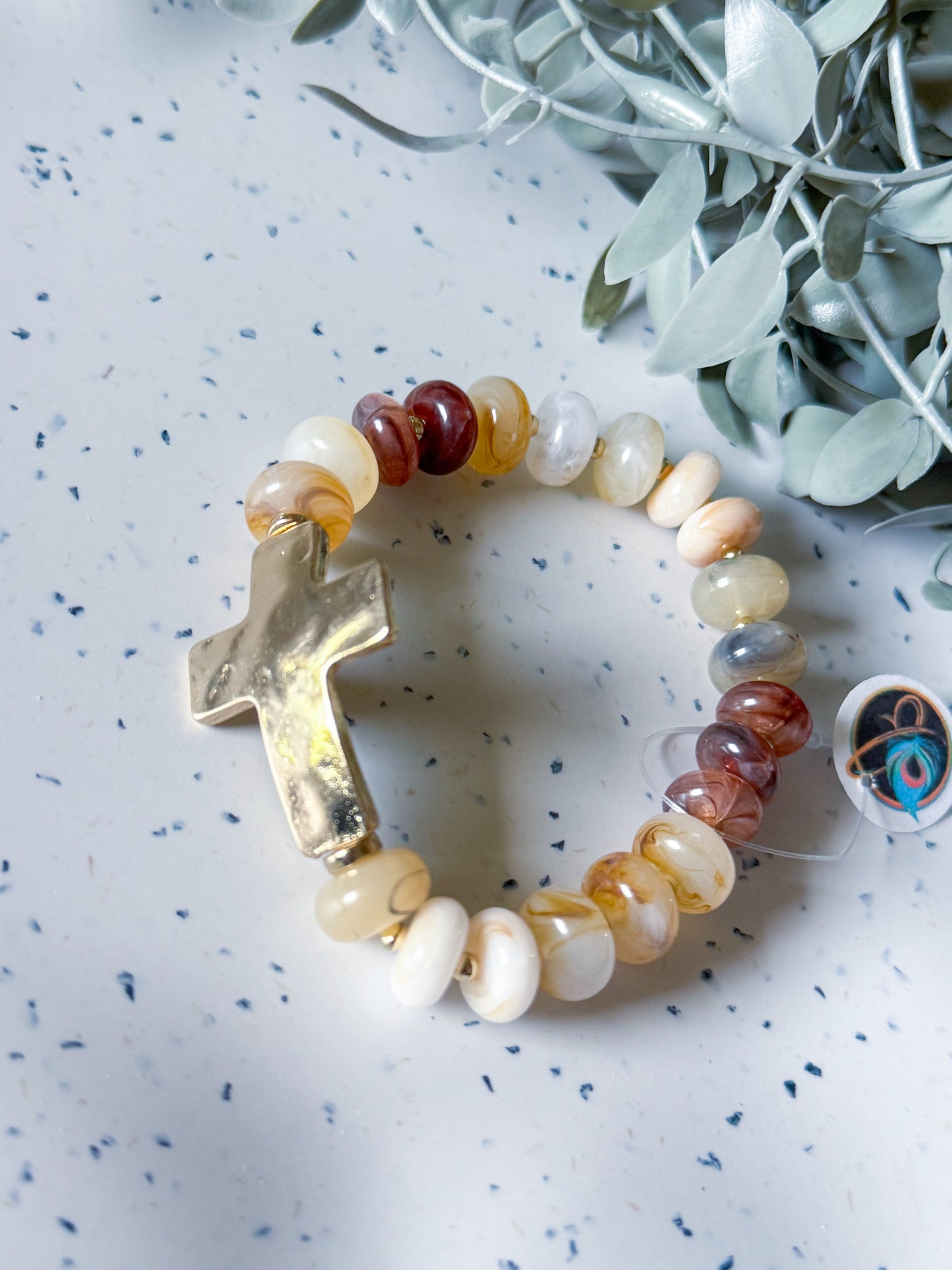 Beaded Bracelet w/ Gold Cross - Brown (large)