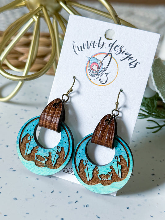 Christmas Collection: Stained Wooden Nativity (Teal) w/ Leather Clasp