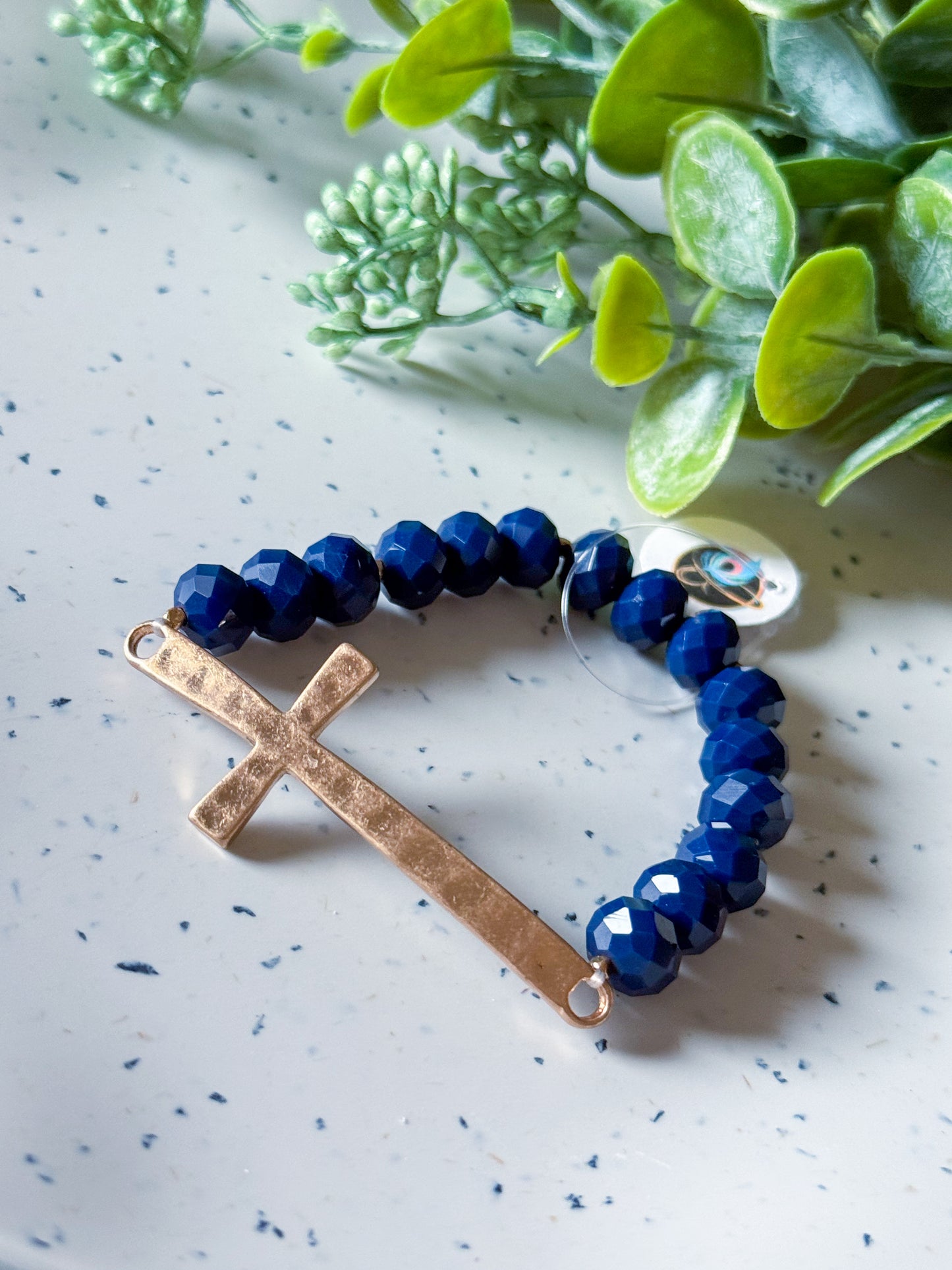 Beaded Cross Bracelet (Navy/Gold)