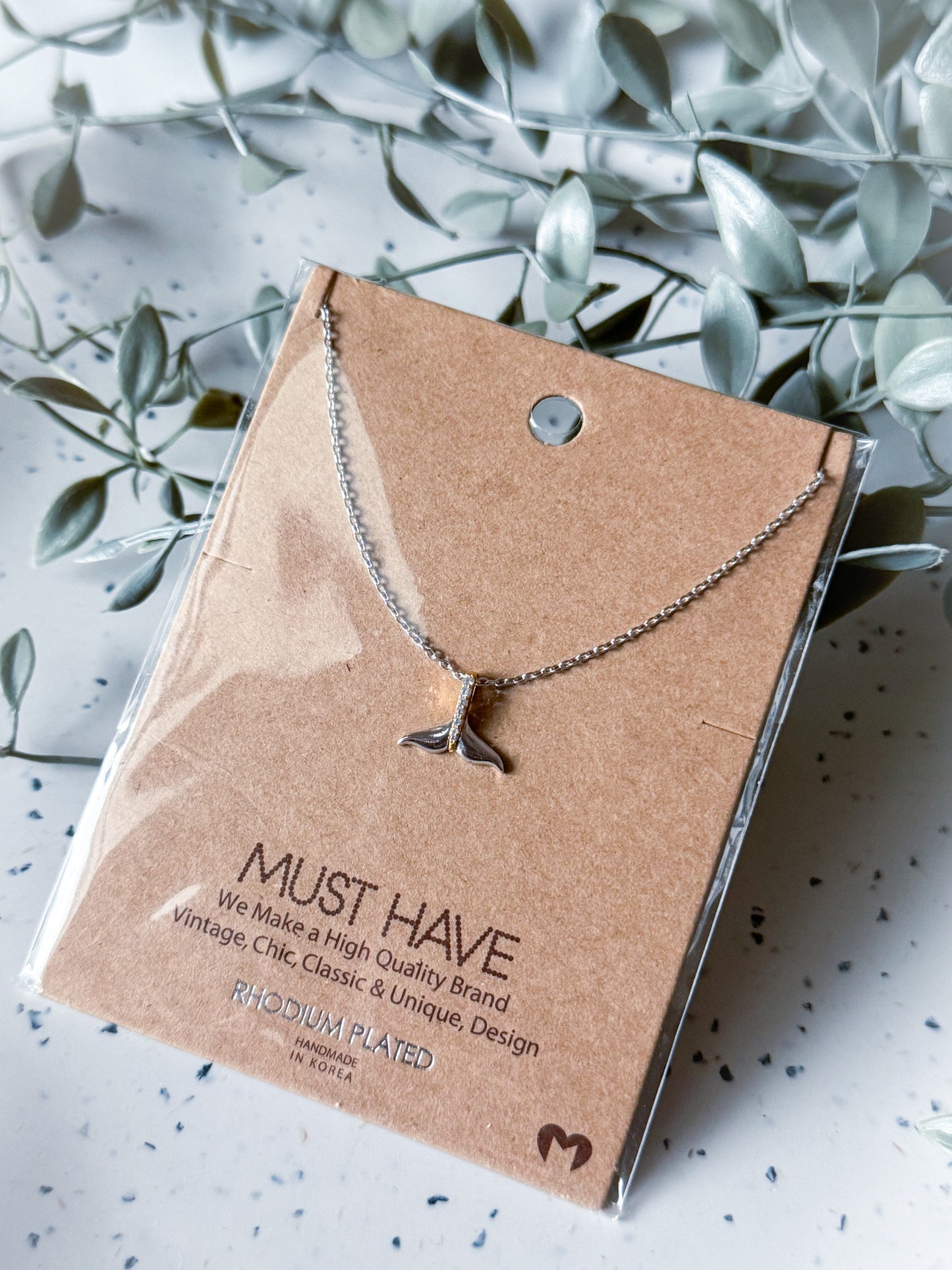 Whale Tail Necklace - Rhodium Plated (16”)