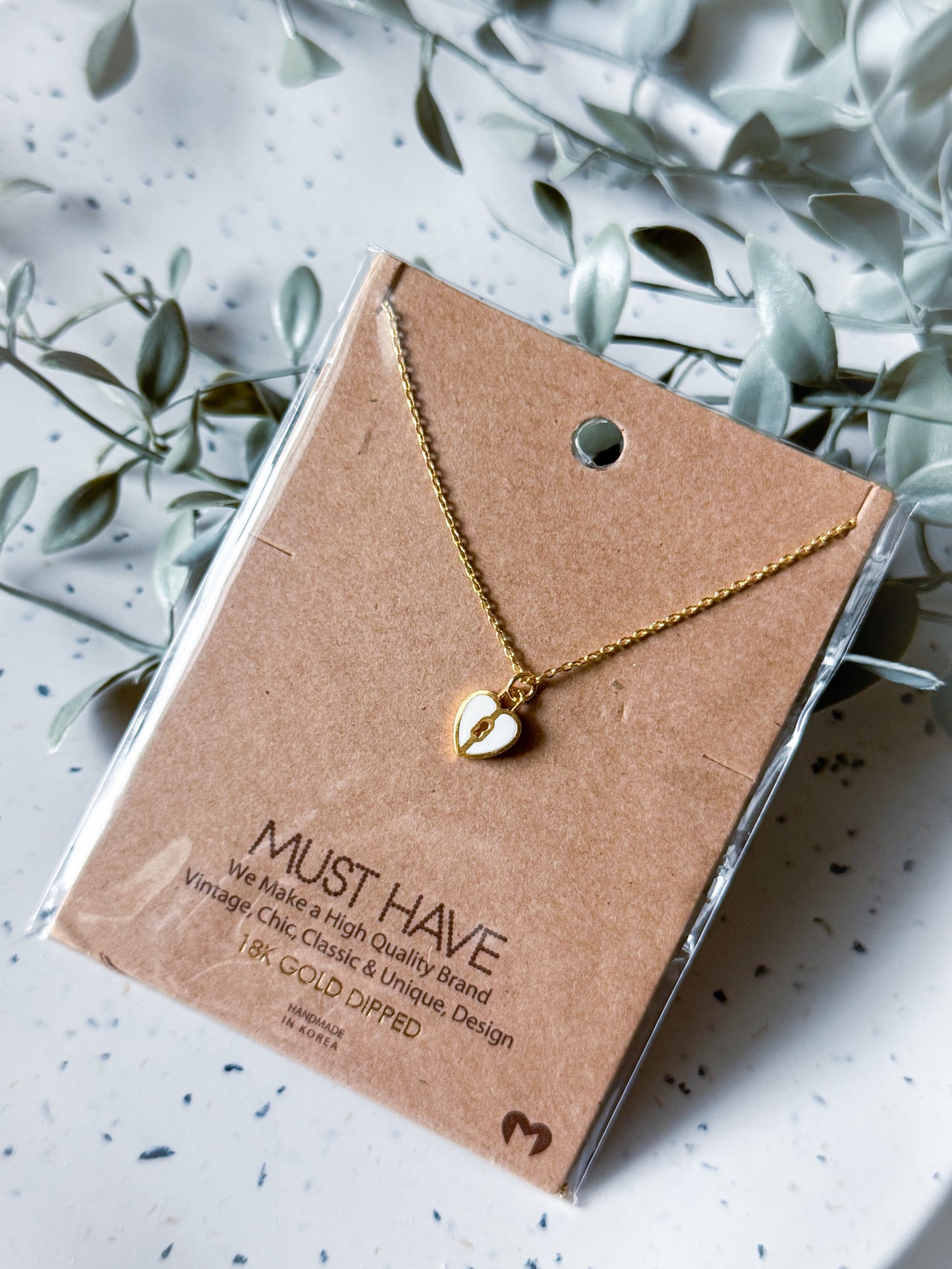 Heart Lock Necklace (White) - Gold Dipped (16”)