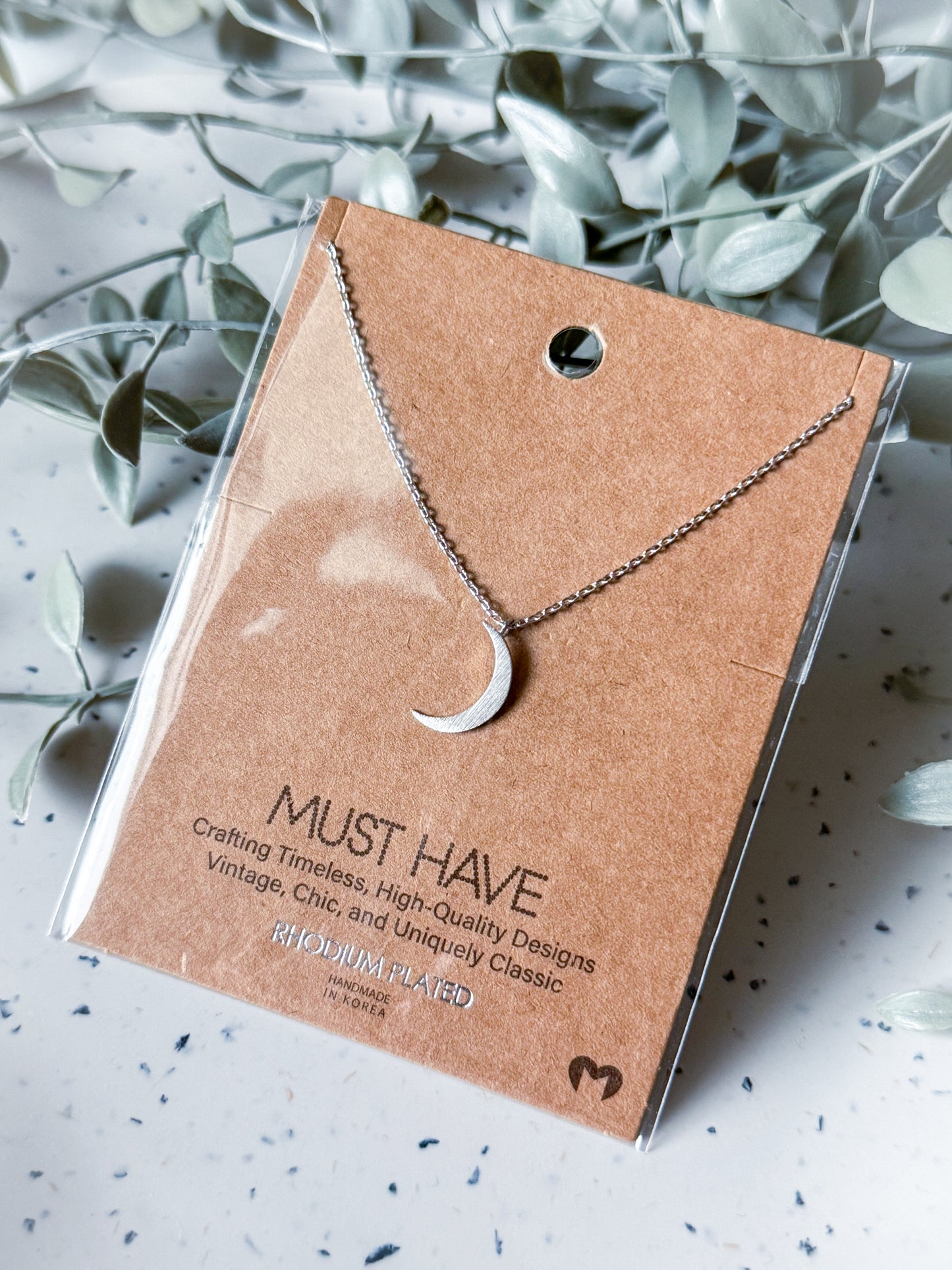 Moon Necklace - Rhodium Plated (16”)