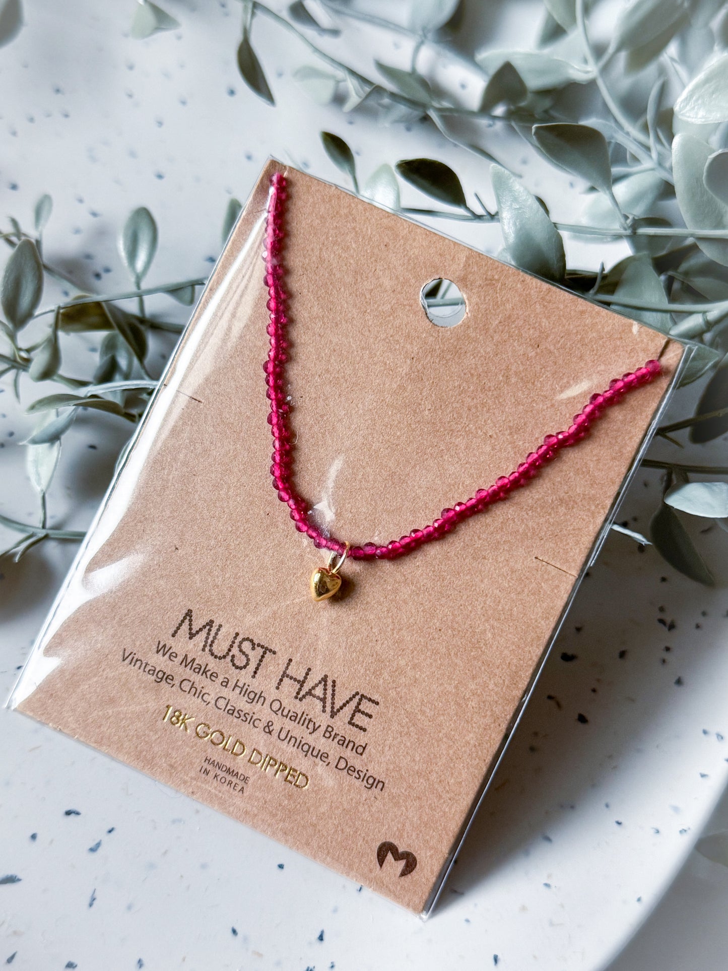 Beaded Heart Necklace - Gold Dipped (16”)