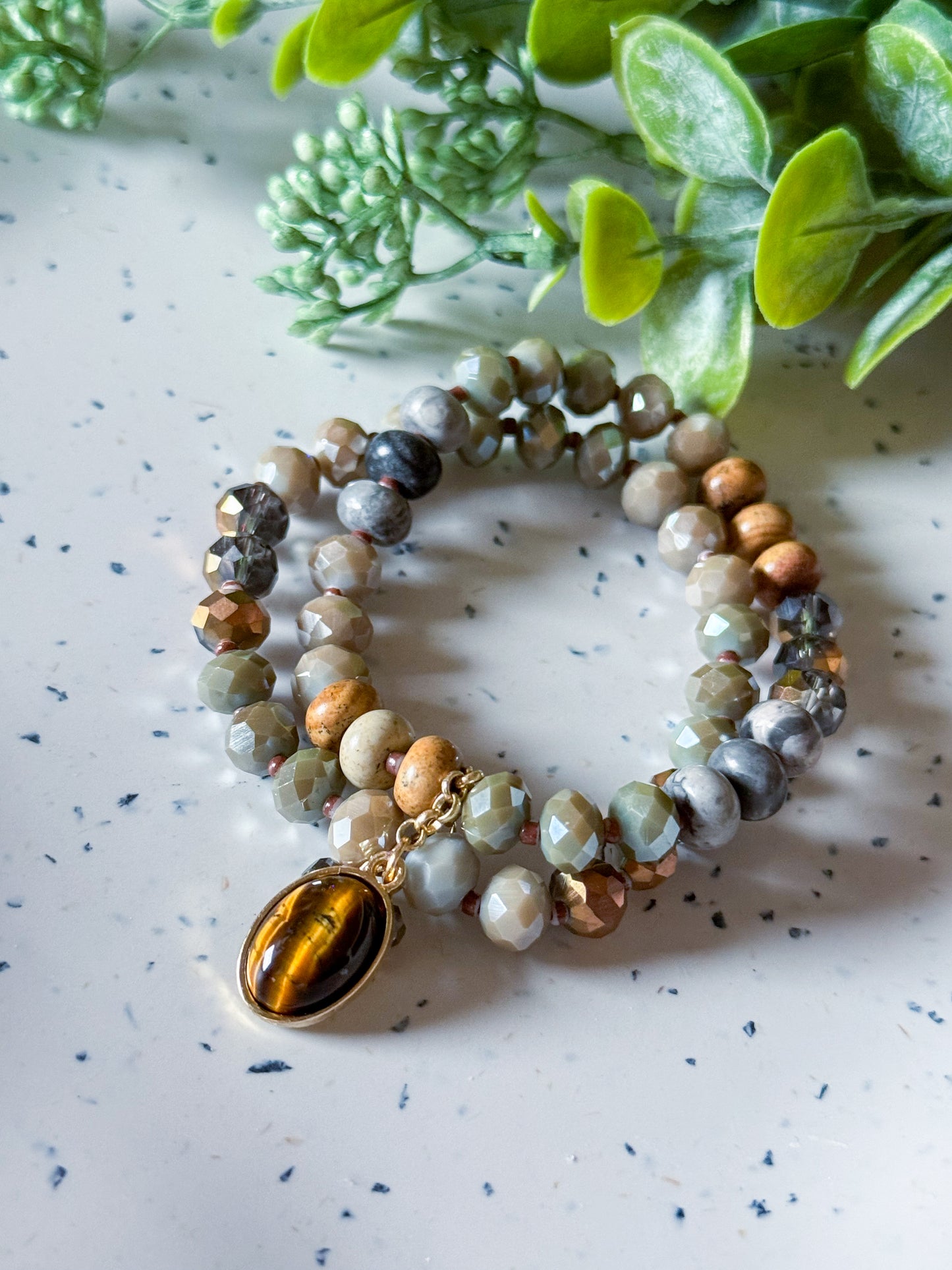 Natural Stone & Faceted Bead Stretch Bracelets With Natural Stone Charm Accent (Tiger Eye)