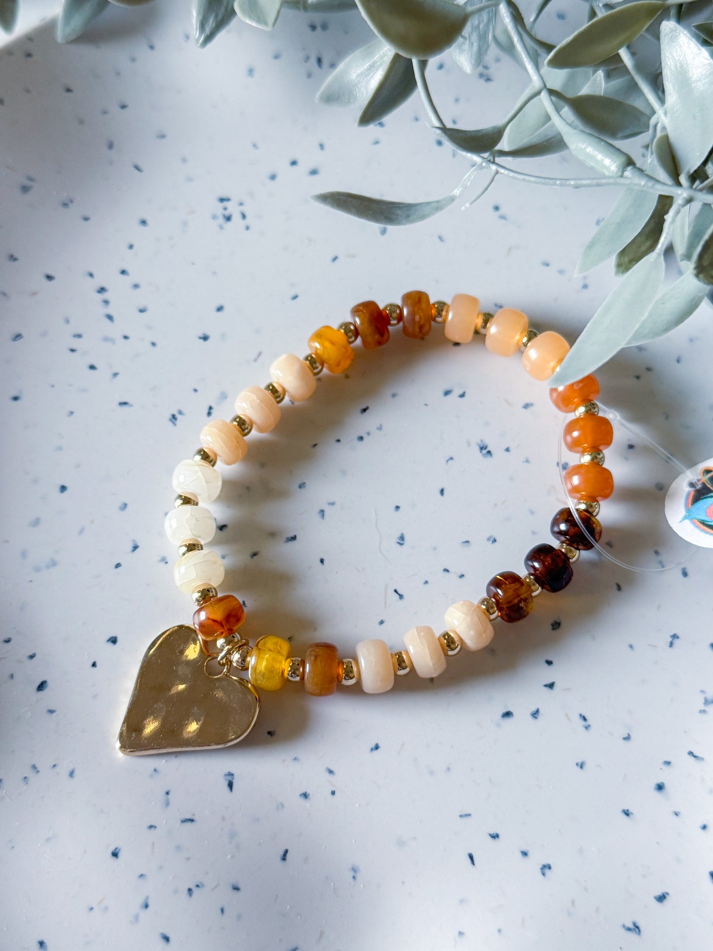 Beaded Bracelet w/ Gold Heart - Brown