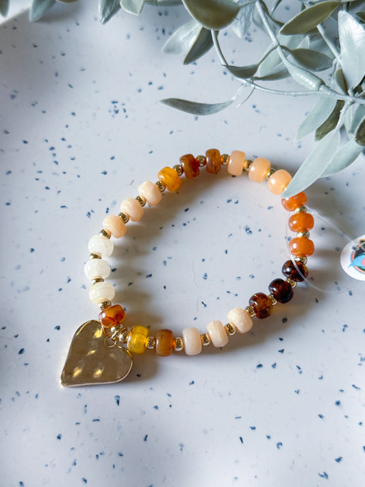 Beaded Bracelet w/ Gold Heart - Brown