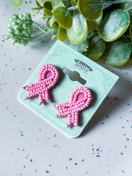 Pink Ribbon Studs - Seed Bead