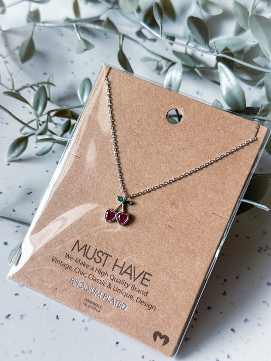 Cherry Necklace - Rhodium Plated(16”)