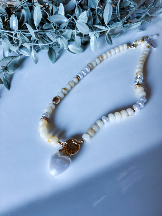 Pearl Heart Pendant Beaded Necklace - Ivory