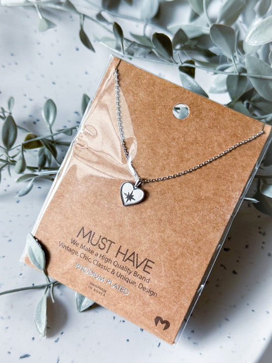 North Star Heart Necklace - Rhodium Plated (16”)