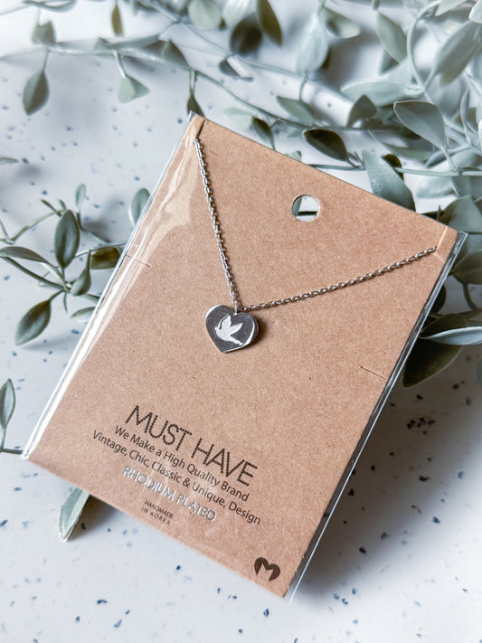 Dove Heart Necklace - Rhodium Plated (16”)