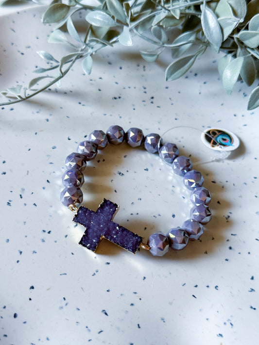 Druzy Cross Bracelet - Purple