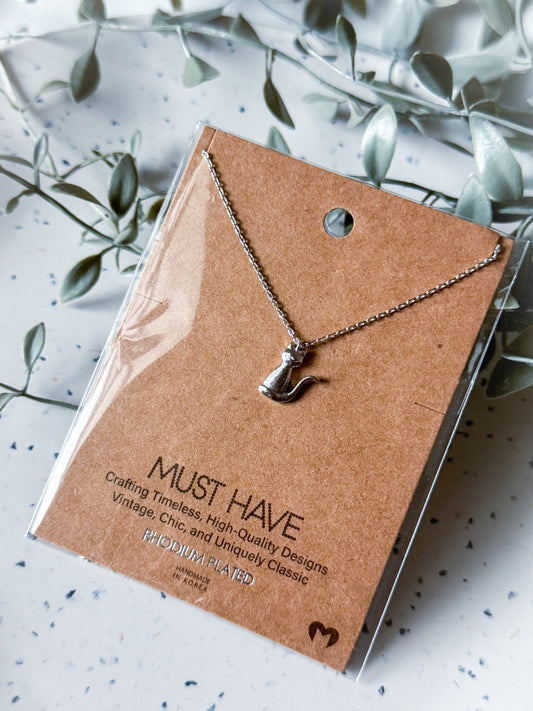 Cat Necklace - Rhodium Plated (16”)