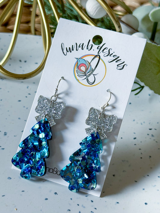 Christmas Collection: Blue Glitter Tree w/ Silver Bow