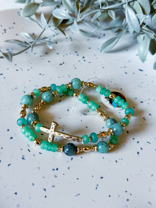 Cross Bracelet Set - Green/Gold