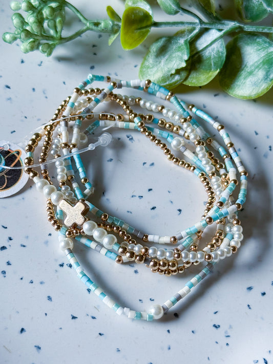 Seed Bead, Pearl, and Gold Tone Bracelets w/ Cross Charm