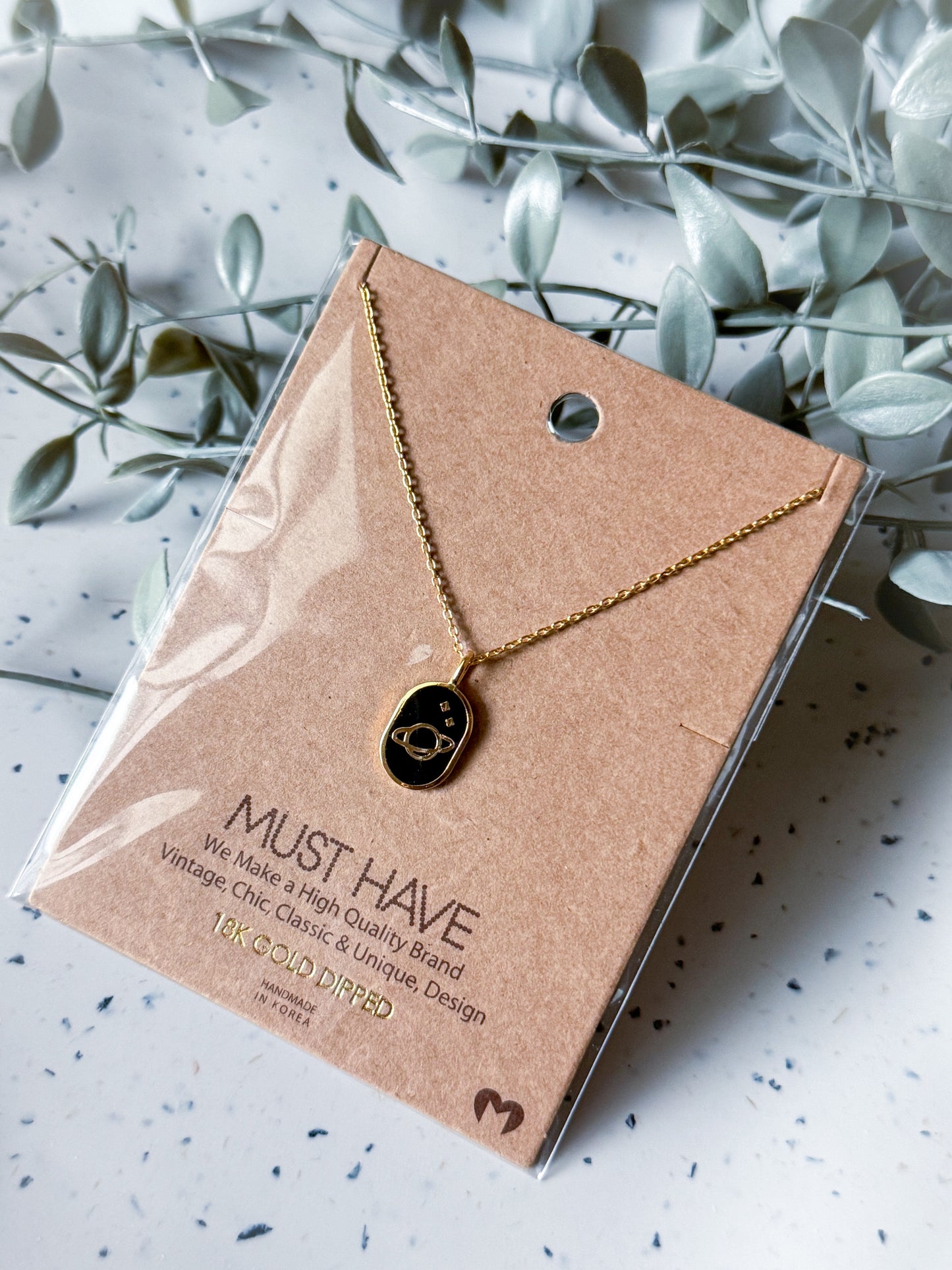 Planet Necklace w/ Black Background - Gold Dipped (16”)
