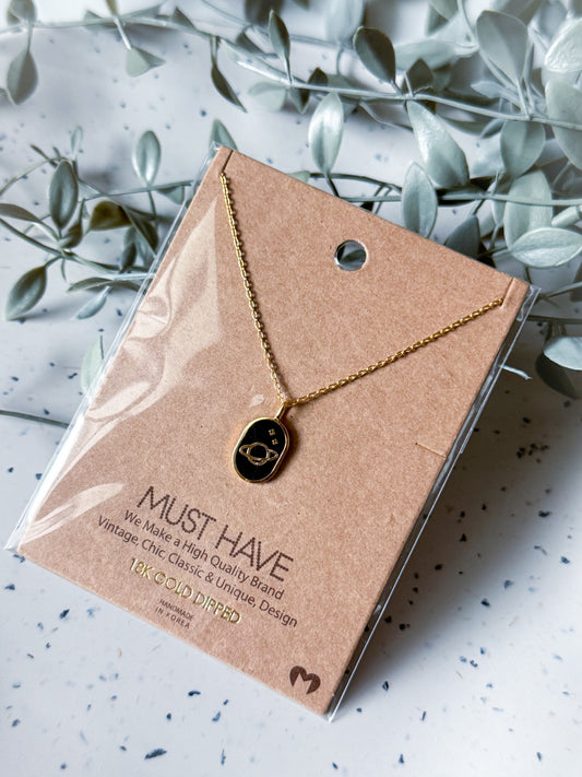 Planet Necklace w/ Black Background - Gold Dipped (16”)