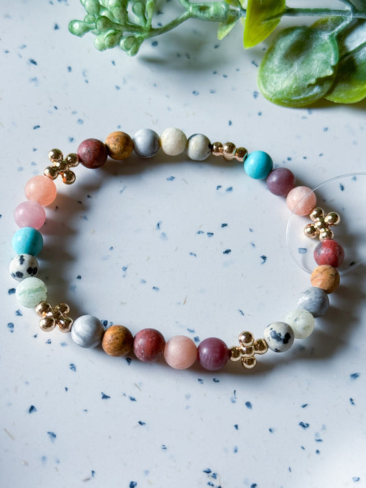 Bracelets: Multi Stone with Gold Cross Accents