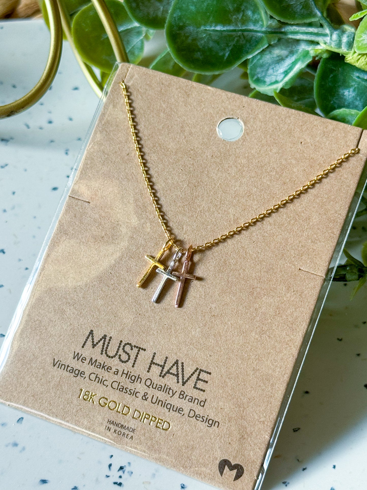 3 Crosses Necklace - 18K Gold Dipped (16”)