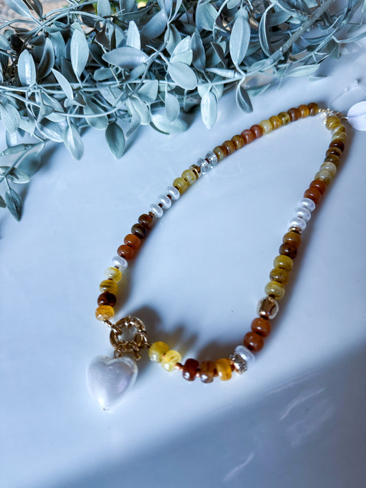 Pearl Heart Pendant Beaded Necklace - Brown