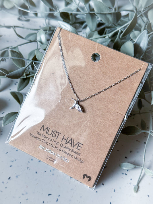 Hummingbird Necklace - Rhodium Plated (16”)