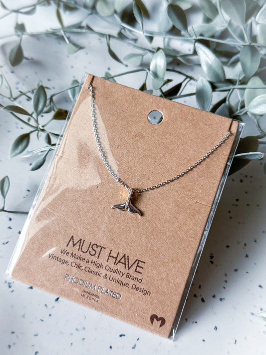 Whale Tail Necklace - Rhodium Plated (16”)