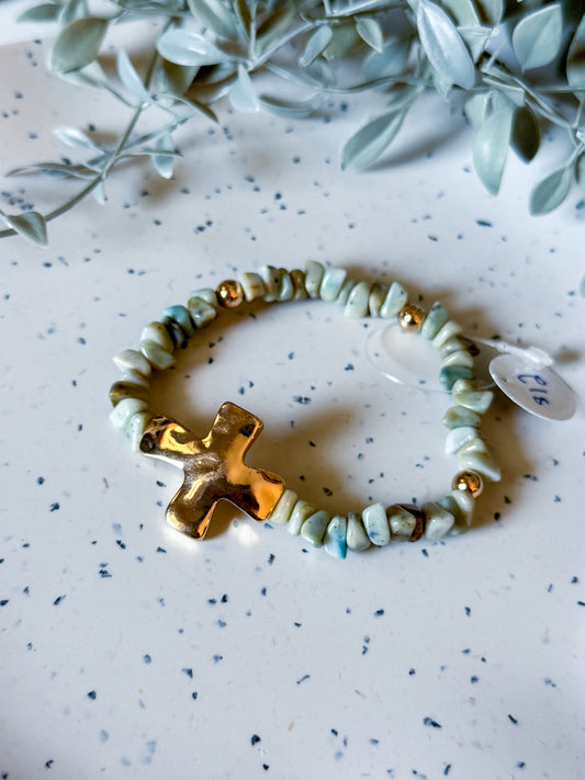Cross Bracelet- Green/Gold