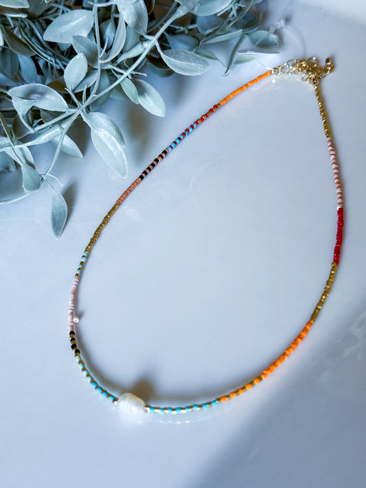 Dainty Seed Beaded Pearl Charm Necklace