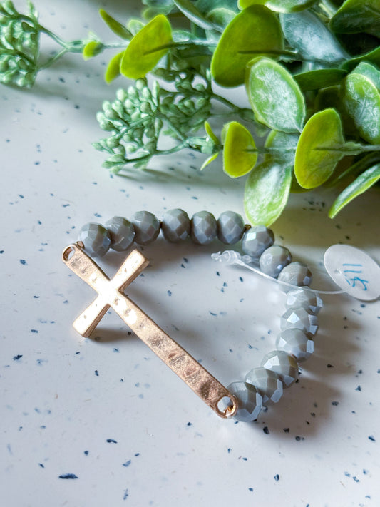 Beaded Cross Bracelet (Grey/Gold)