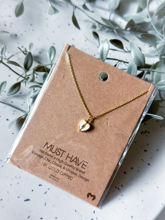 Heart Lock Necklace (White) - Gold Dipped (16”)