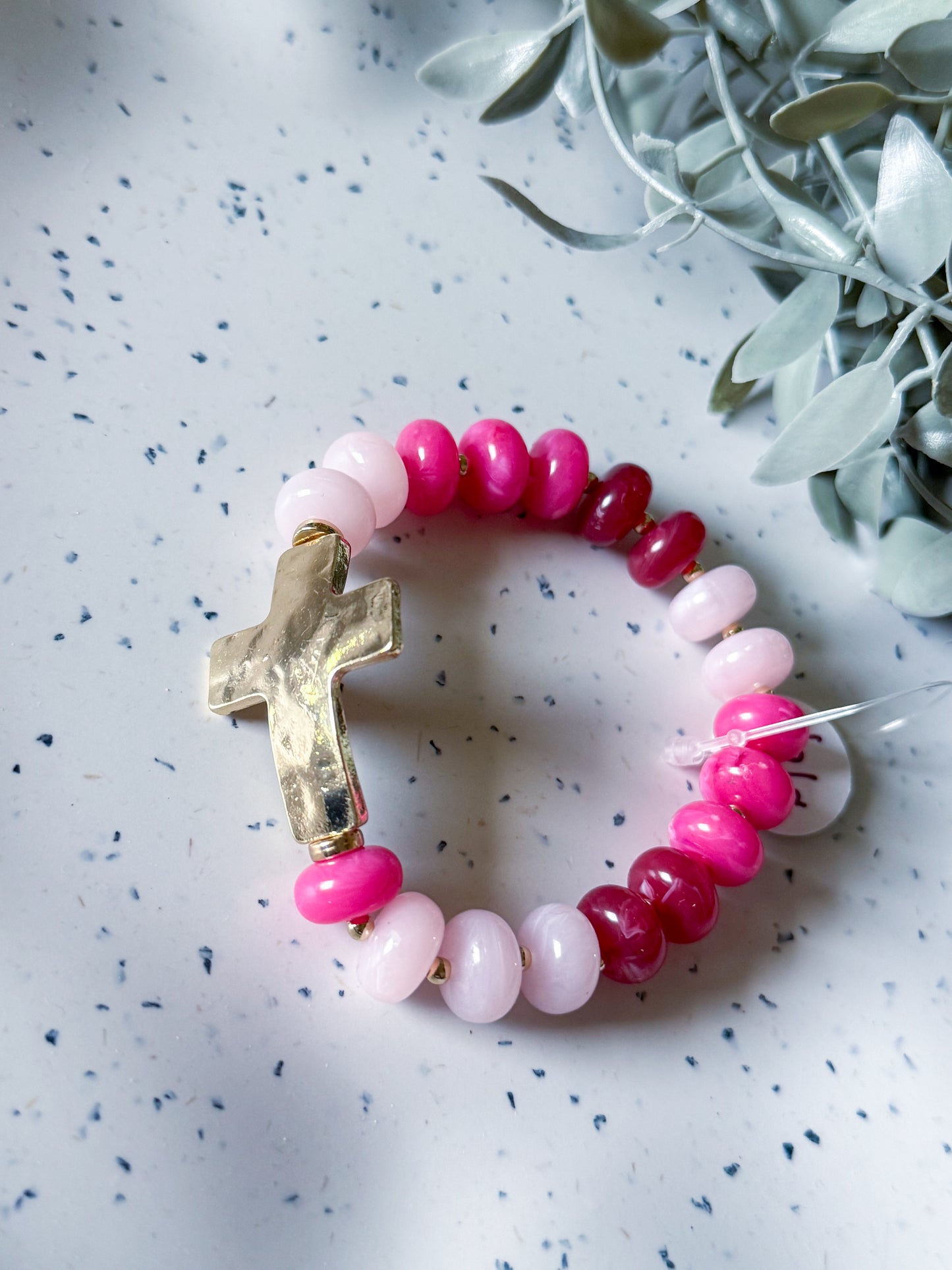 Beaded Bracelet w/ Gold Cross - Pink (large)