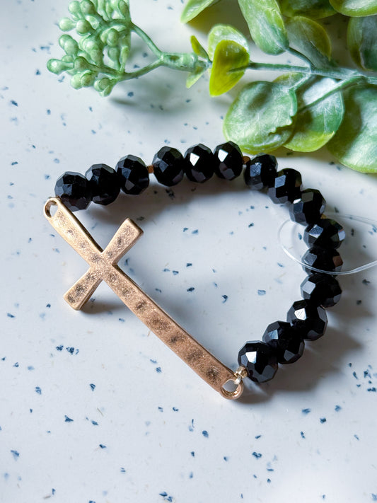 Beaded Cross Bracelet (Black/Gold)