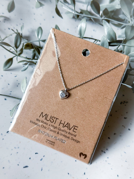 Heart w/ Rhinestone Necklace - Rhodium Plated (16”)