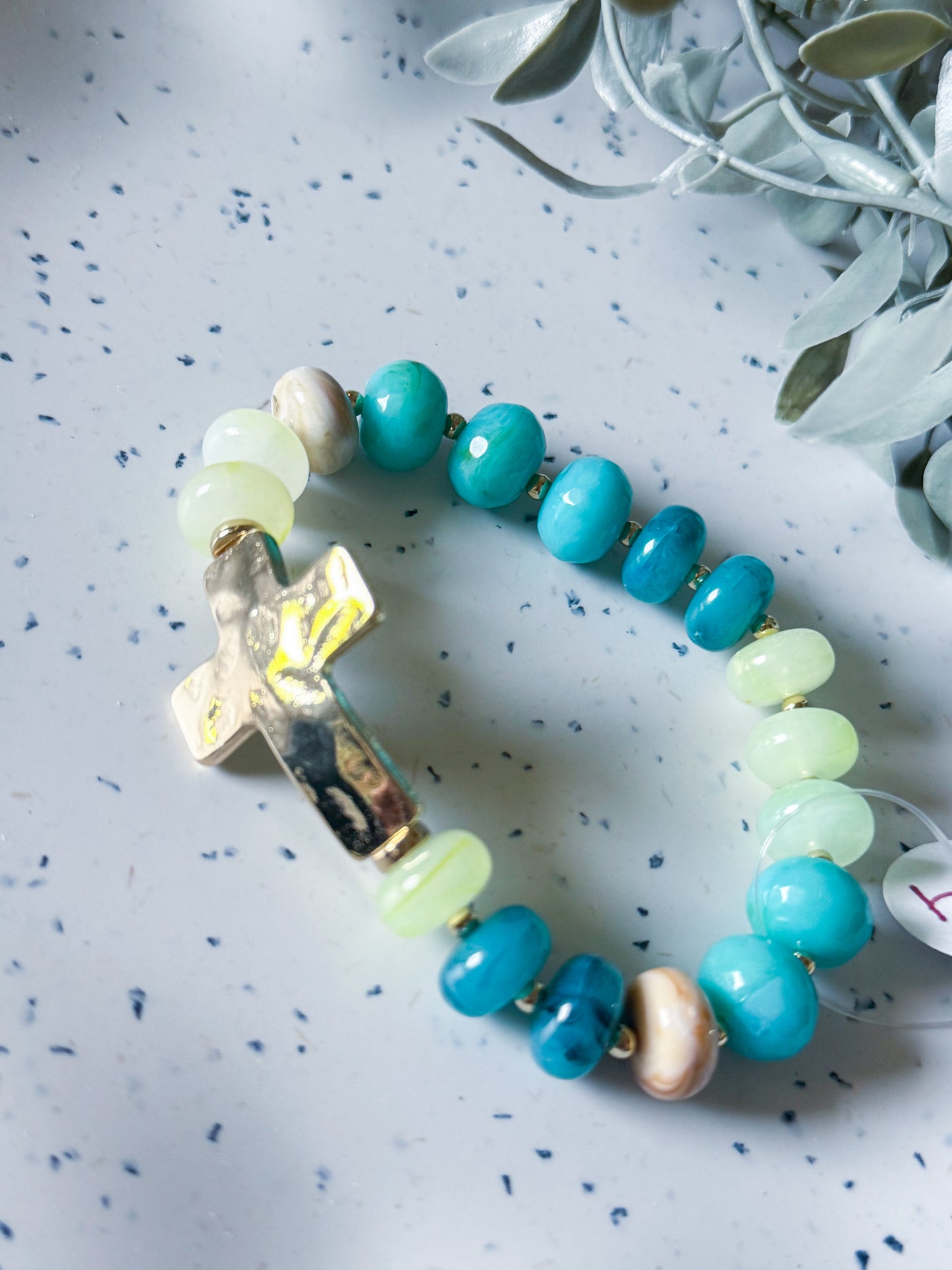 Beaded Bracelet w/ Gold Cross - Blue (large)