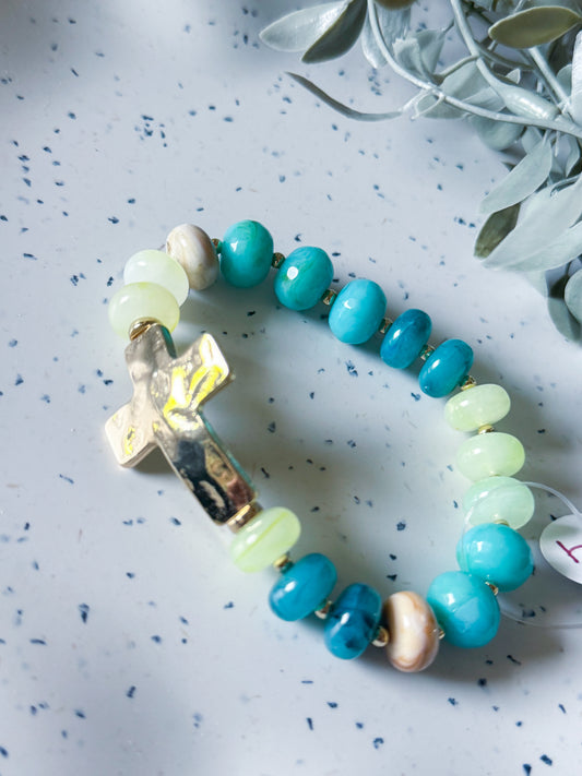 Beaded Bracelet w/ Gold Cross - Blue (large)