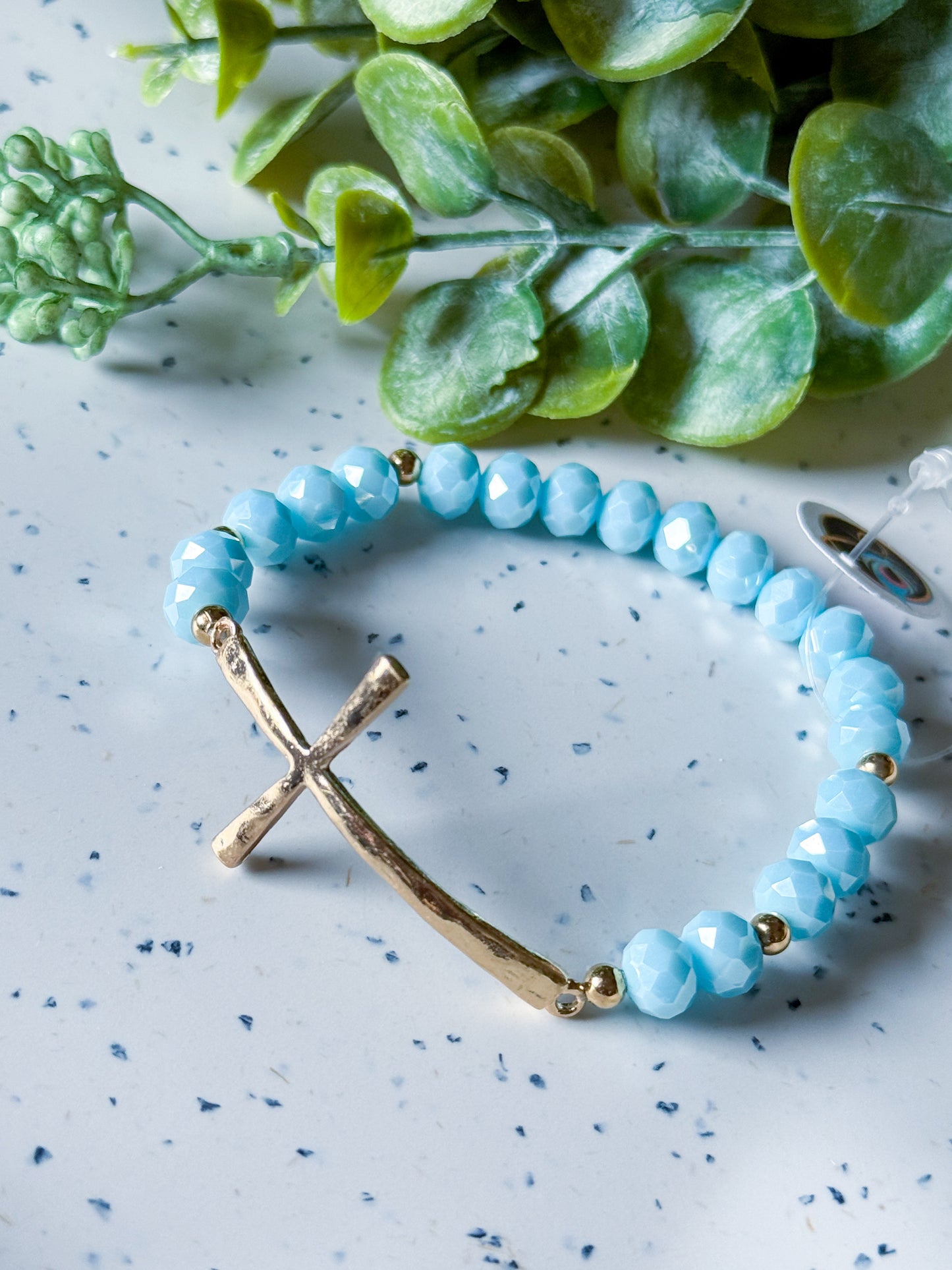 Beaded Cross Bracelet (Blue/Gold)