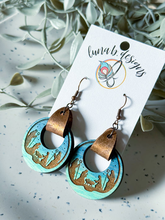 Christmas Collection: Stained Wooden Nativity (Teal) w/ Leather Clasp