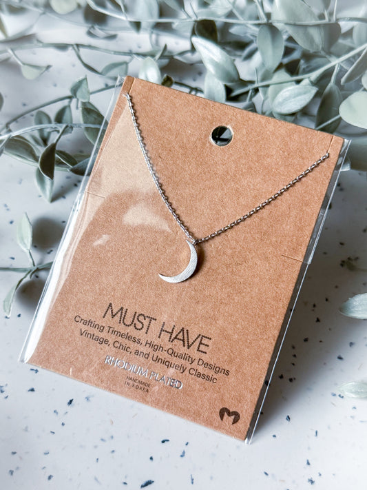 Moon Necklace - Rhodium Plated (16”)