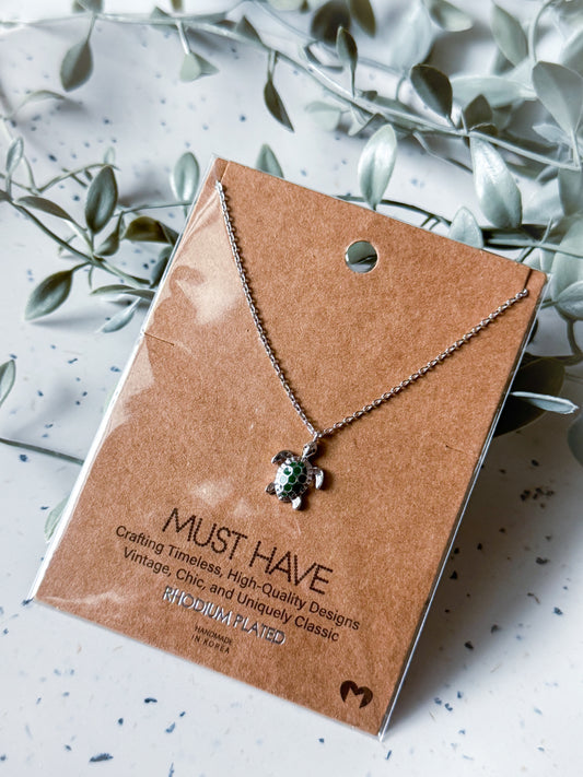Turtle Necklace - Rhodium Plated (16”)