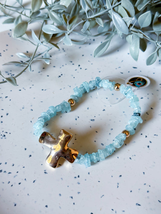 Cross Bracelet- Light Blue/Gold