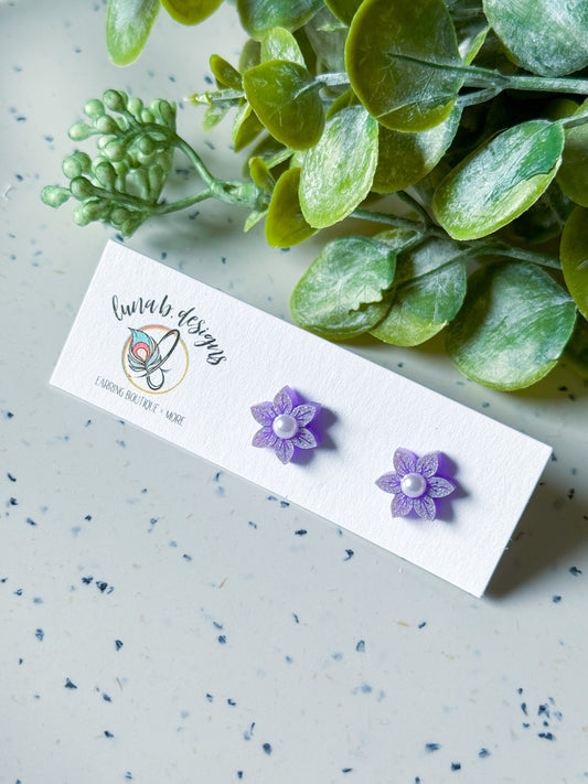 Summer: Purple Flower Studs w/ Pearl Accent