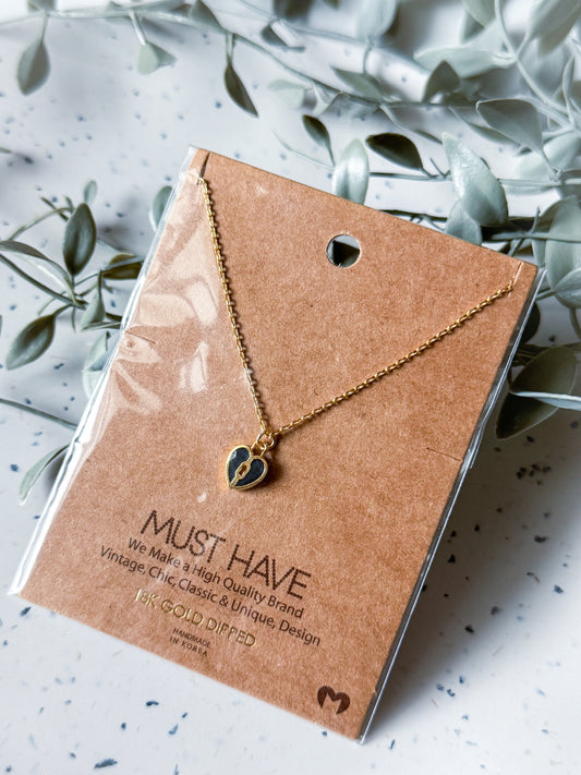 Heart Lock Necklace (Black) - Gold Dipped (16”)