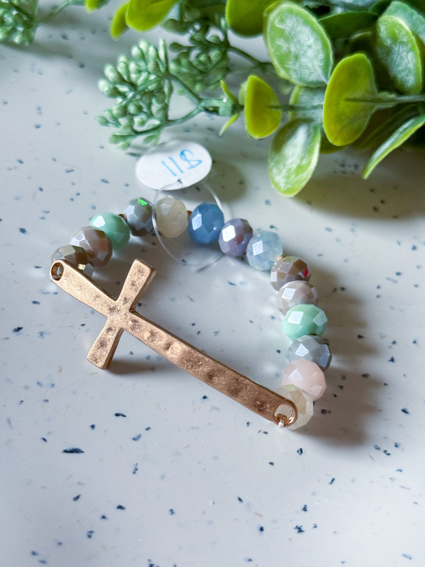 Beaded Cross Bracelet (Light Multi/Gold)