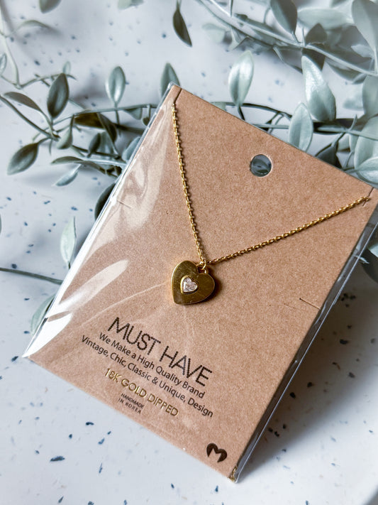 Gold Heart w/ Rhinestone Necklace - Gold Dipped (16”)