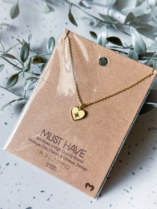 North Star Heart Necklace - Gold Dipped (16”)